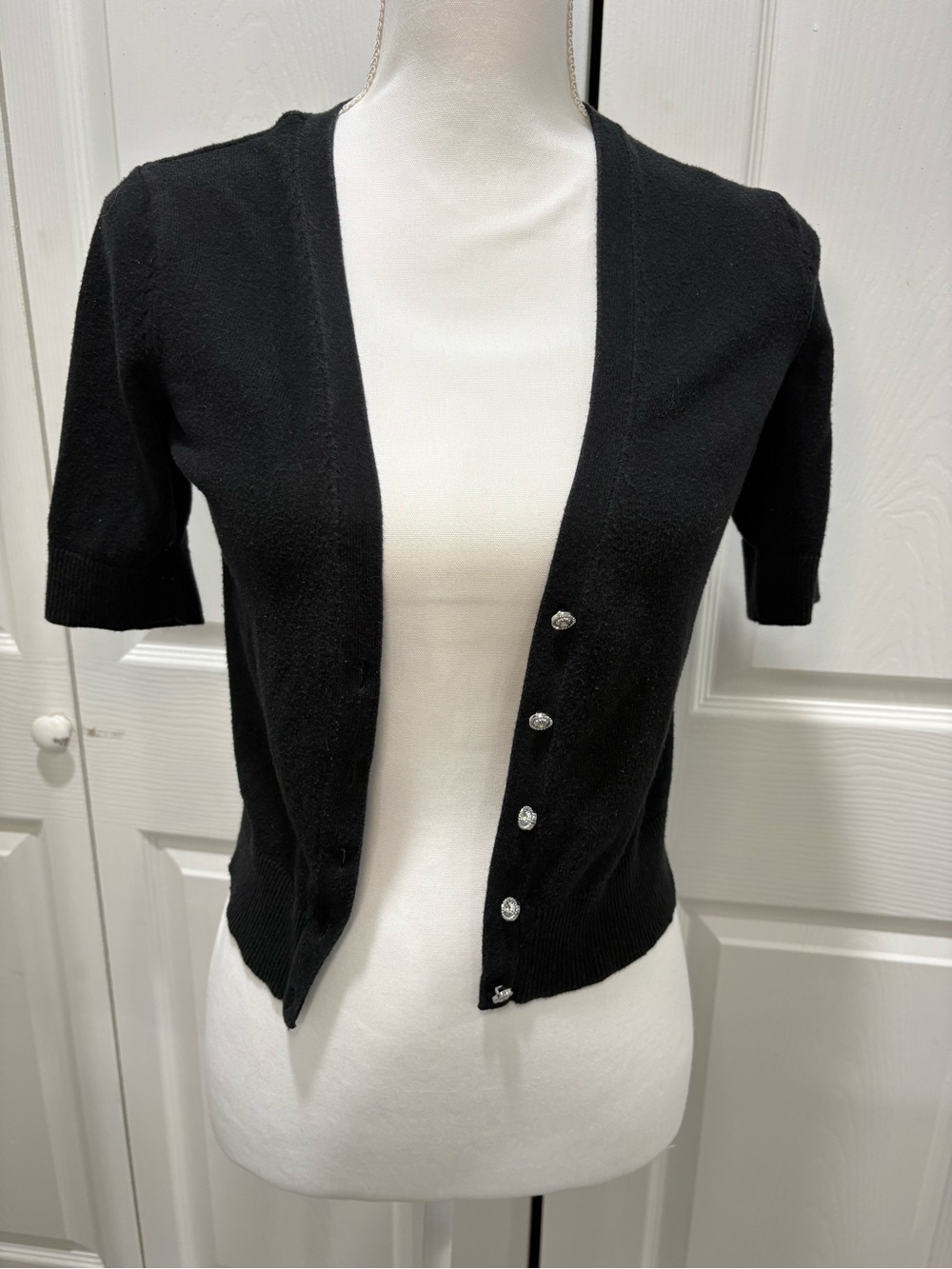 New York & Company Black Short-Sleeve Buttoned Cardigan